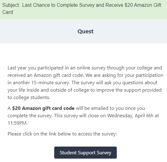 A customized email reminds users to complete a survey to earn a gift card.
